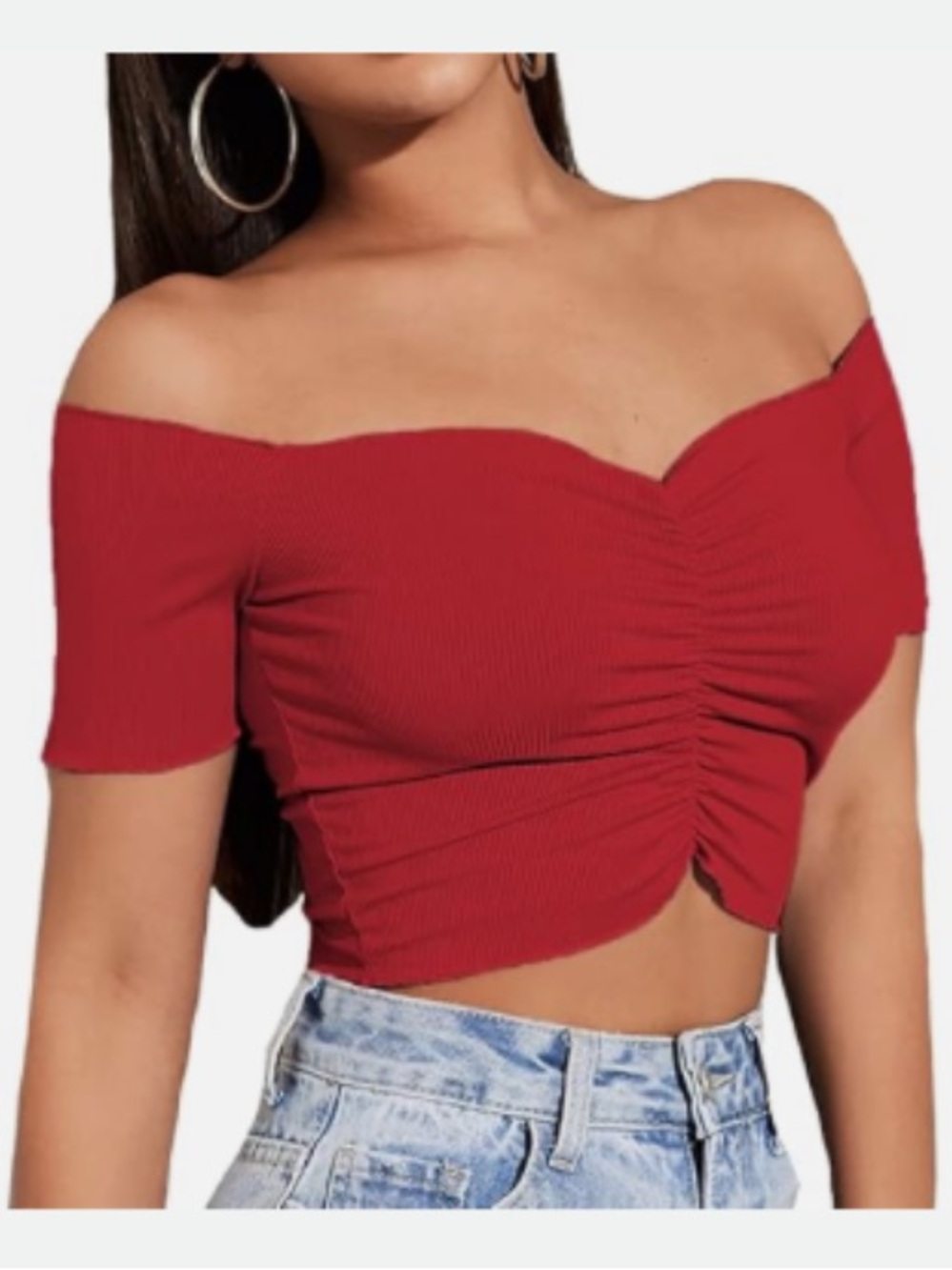 Lyaner Red Off-Shoulder Ruched Crop Top S
